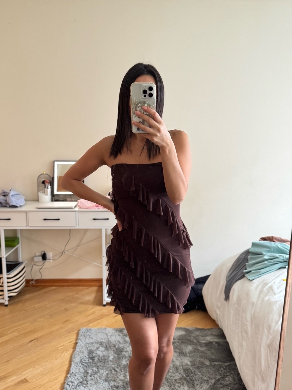 Windsor Chocolate Brown Strapless Ruffle Mini Dress